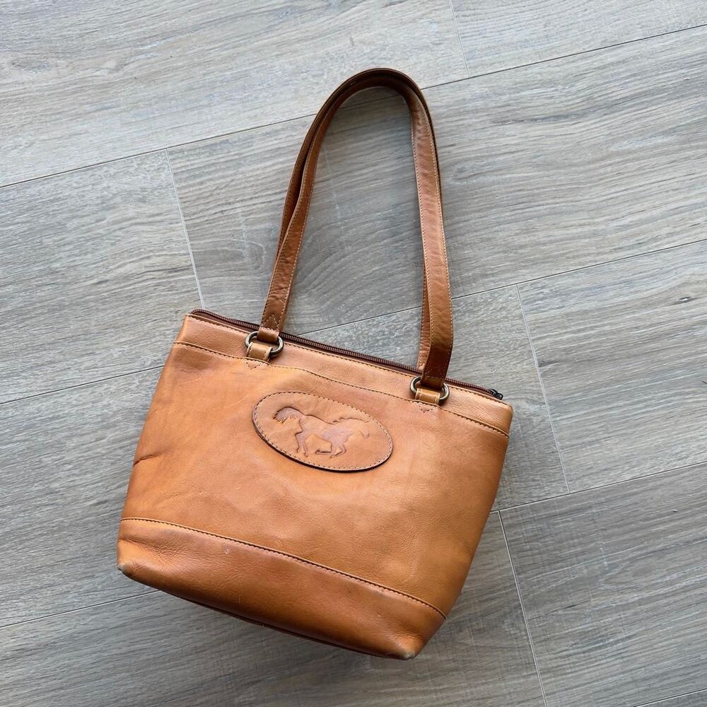 Vintage Tan Leather Tote Bag Embossed Horse Columbia Equestrian Western Cowgirl